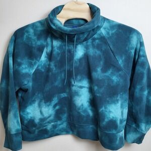 Old Navy Go Warm  Cropped Sweatshirt XXL Teal Blue‎ Tie Dye Fleece Mock Neck